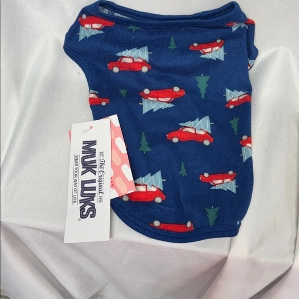 Muk Luks Navy Pet Sweater phs with Red Cars and xmass trees size butter knit S